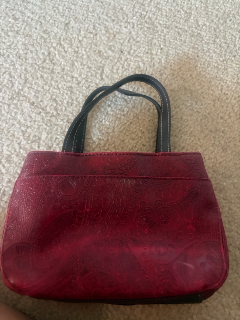 Rello Elegant Red Paisley Leather Tote Bag with Black Handles